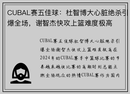 CUBAL赛五佳球：杜智博大心脏绝杀引爆全场，谢智杰快攻上篮难度极高